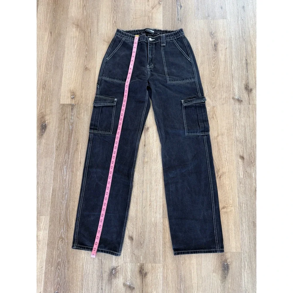 Fashion Nova Cargo Jeans Womens 7 Black Contrast Stitch Relaxed Straight Utility